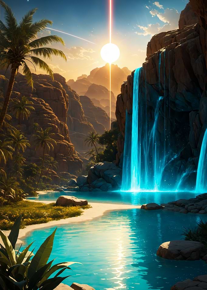 Glowing Waterfall in Tropical Oasis