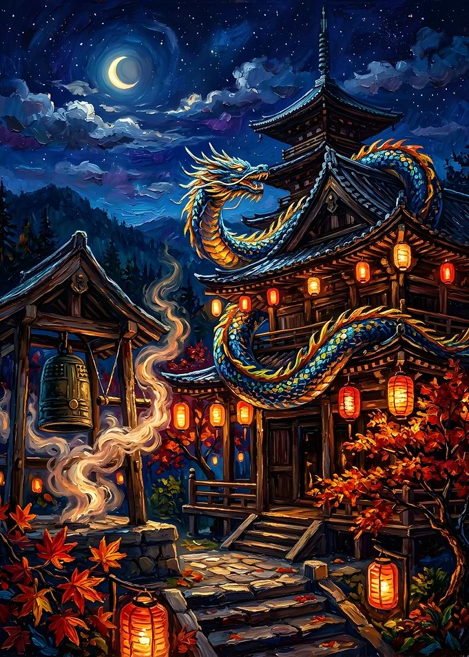Dragon Coiled Around Traditional Japanese Temple