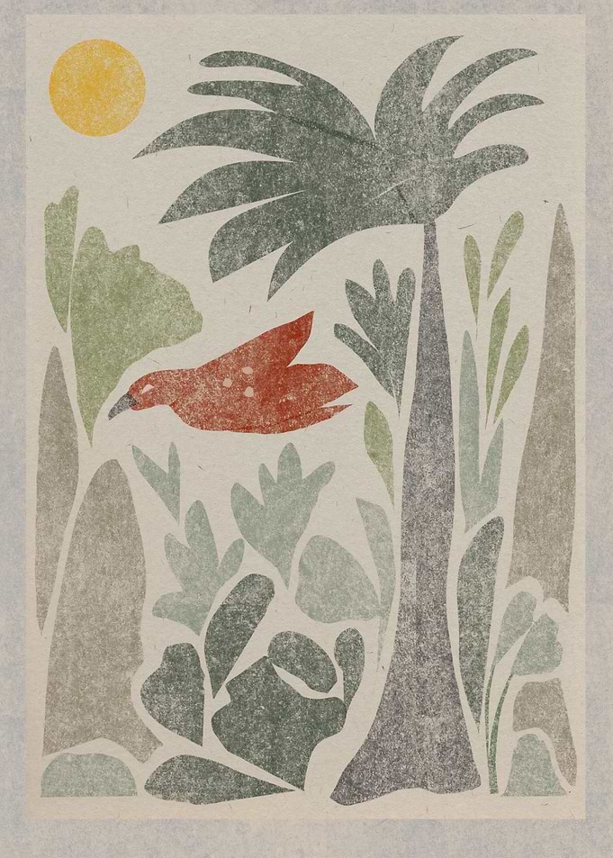 Abstract Tropical Bird and Palm Print