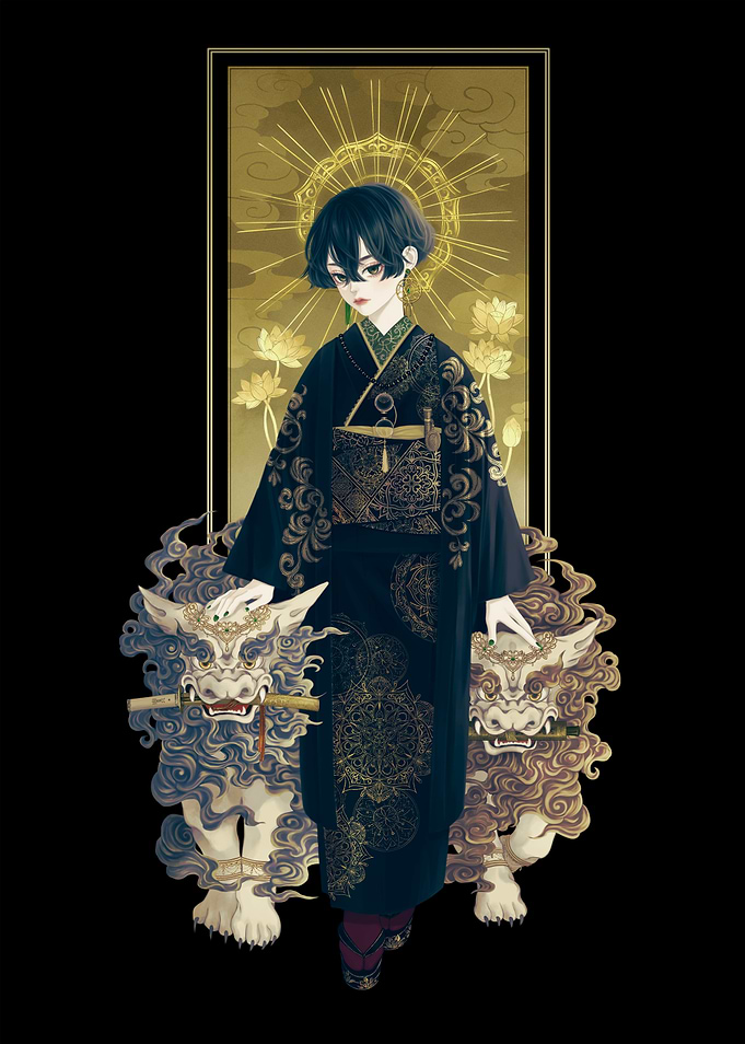Anime Girl with Guardian Lions