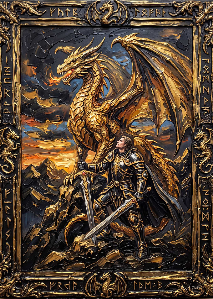 Knight and Golden Dragon Oil Painting