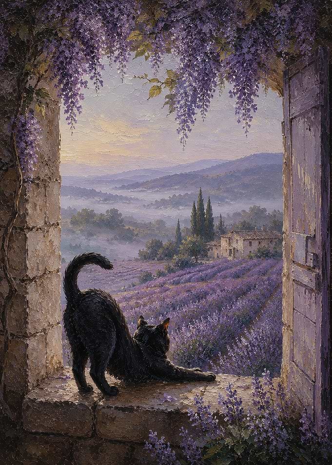 Black Cat Stretching in Lavender Field