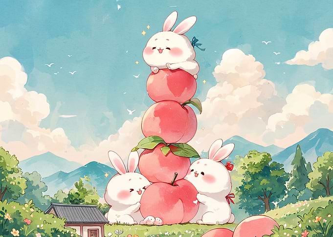 Cute Rabbits Stacking Peaches