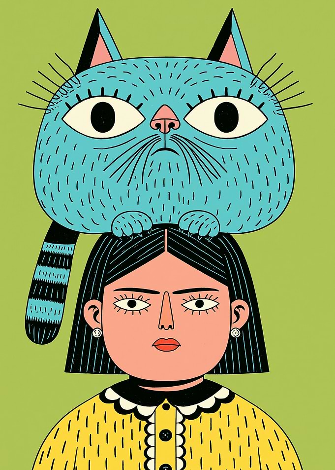 Girl with Blue Cat Illustration