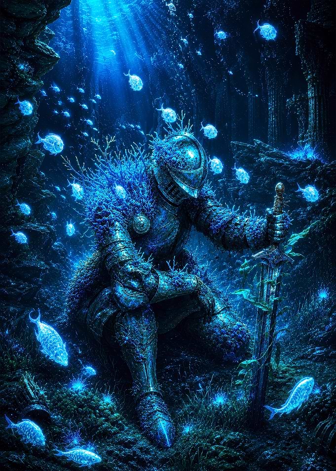 Underwater Knight Resting with Sword