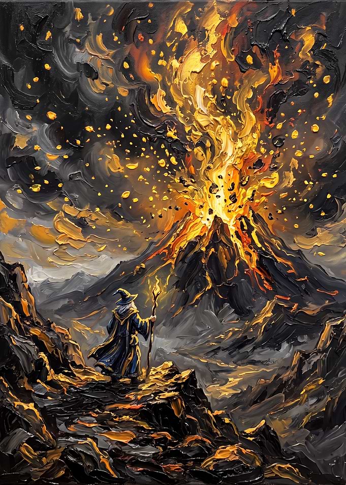 Wizard Watching Volcanic Eruption