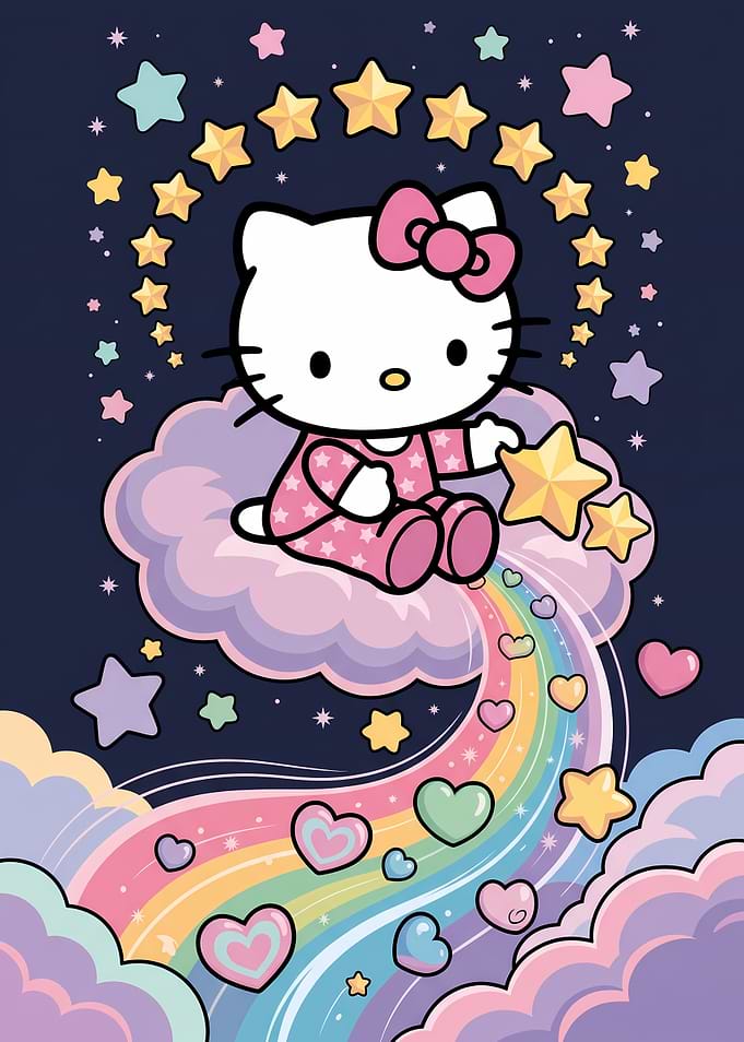 Hello Kitty on a Rainbow Cloud