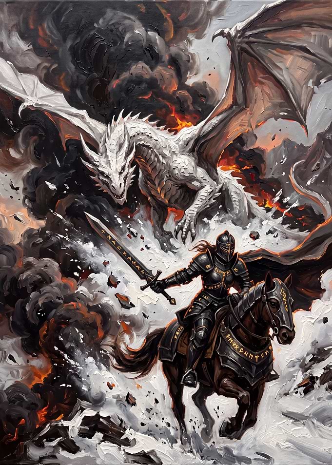 Knight Battling White Dragon