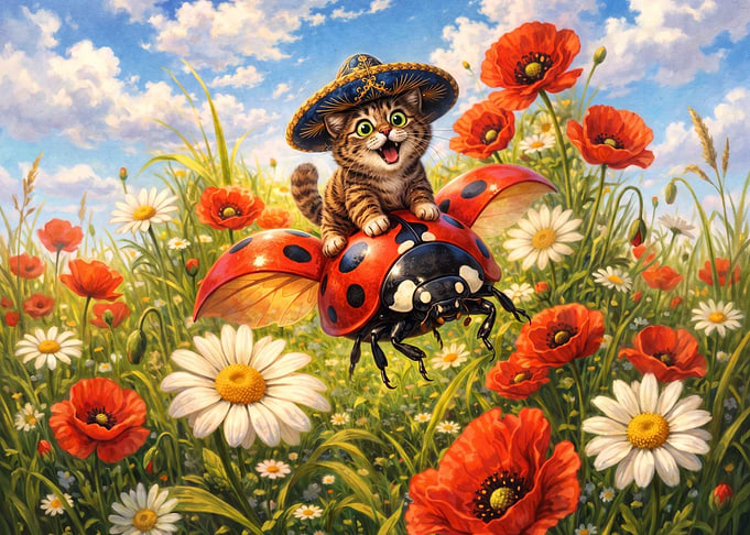 Kitten Riding a Giant Ladybug