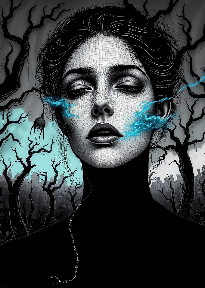 Surreal Wireframe Portrait with Blue Smoke