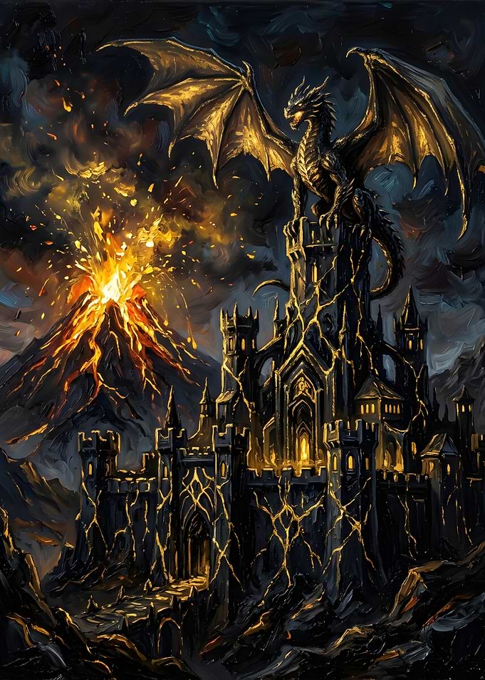 Dragon Perched on Volcanic Castle