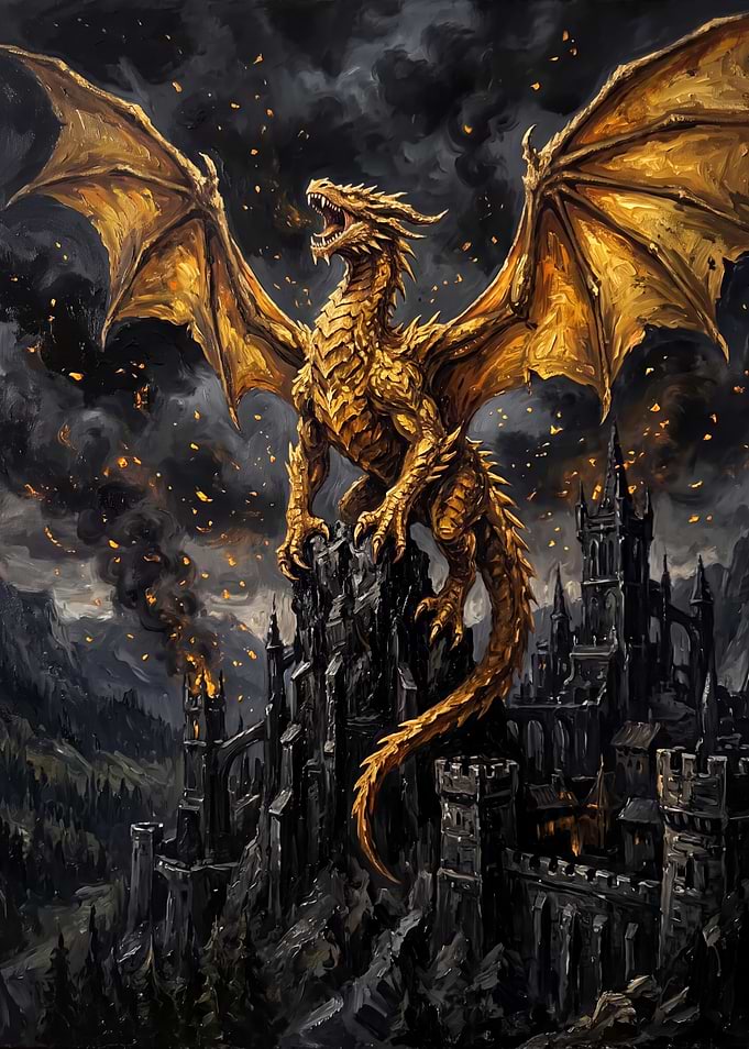 Golden Dragon Perched on Dark Castle