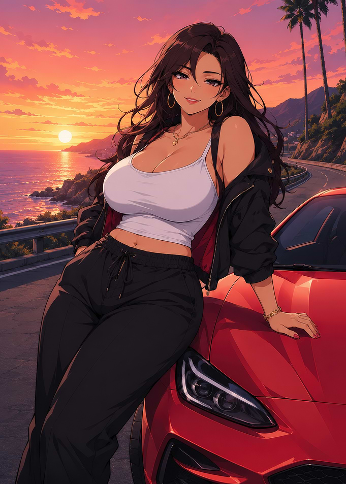 Woman Leaning on Red Sports Car