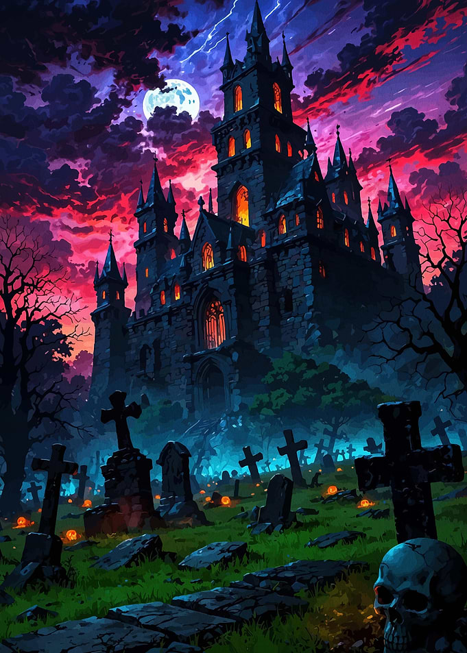 Gothic Castle and Graveyard at Night