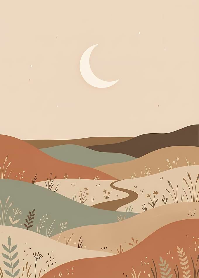 Boho Minimalist Landscape with Crescent Moon