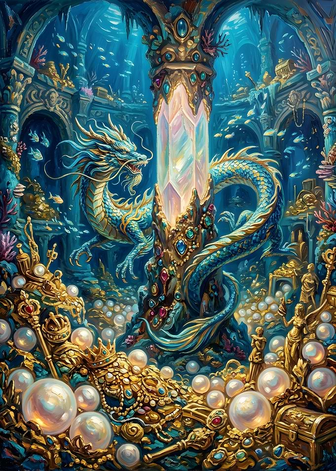Dragon Guarding Underwater Crystal Treasure