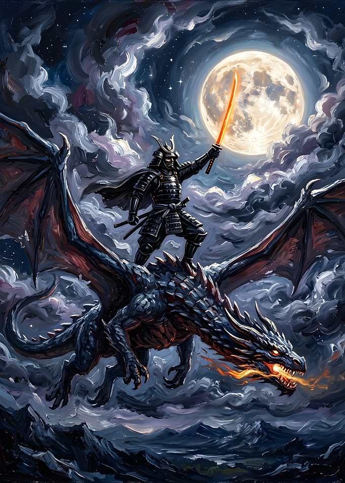 Samurai Warrior Riding a Dragon