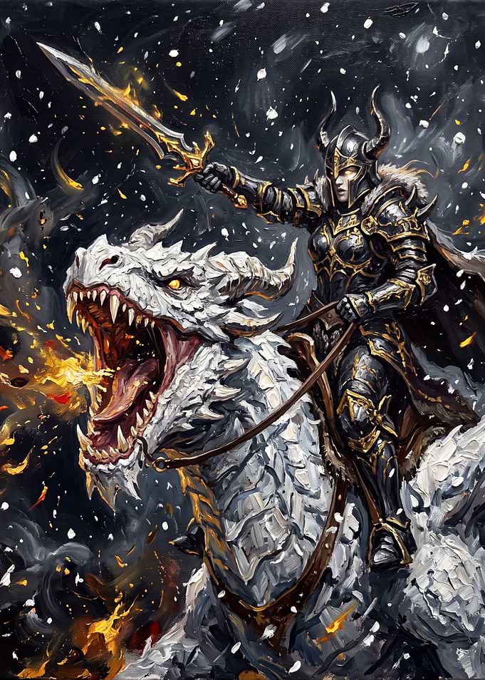 Armored Knight Riding White Dragon