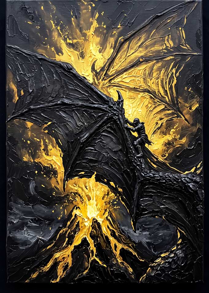 Knight Riding Dragon Over Volcano