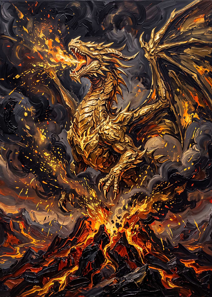 Golden Dragon Breathing Fire Over Volcano