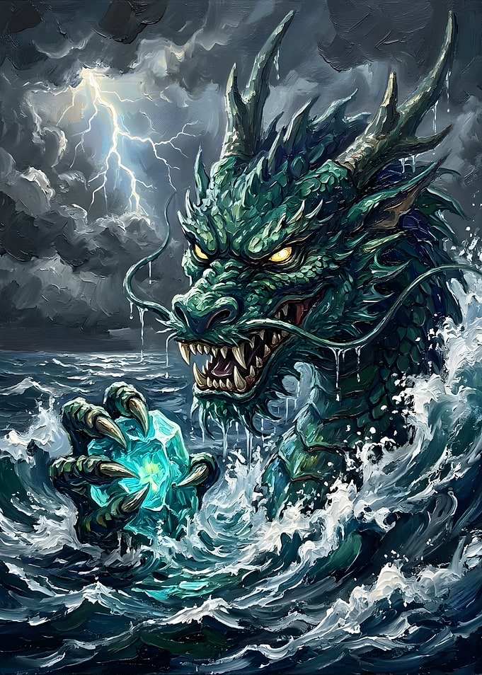 Green Sea Dragon Holding Crystal