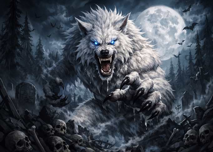 Fierce White Werewolf in Graveyard