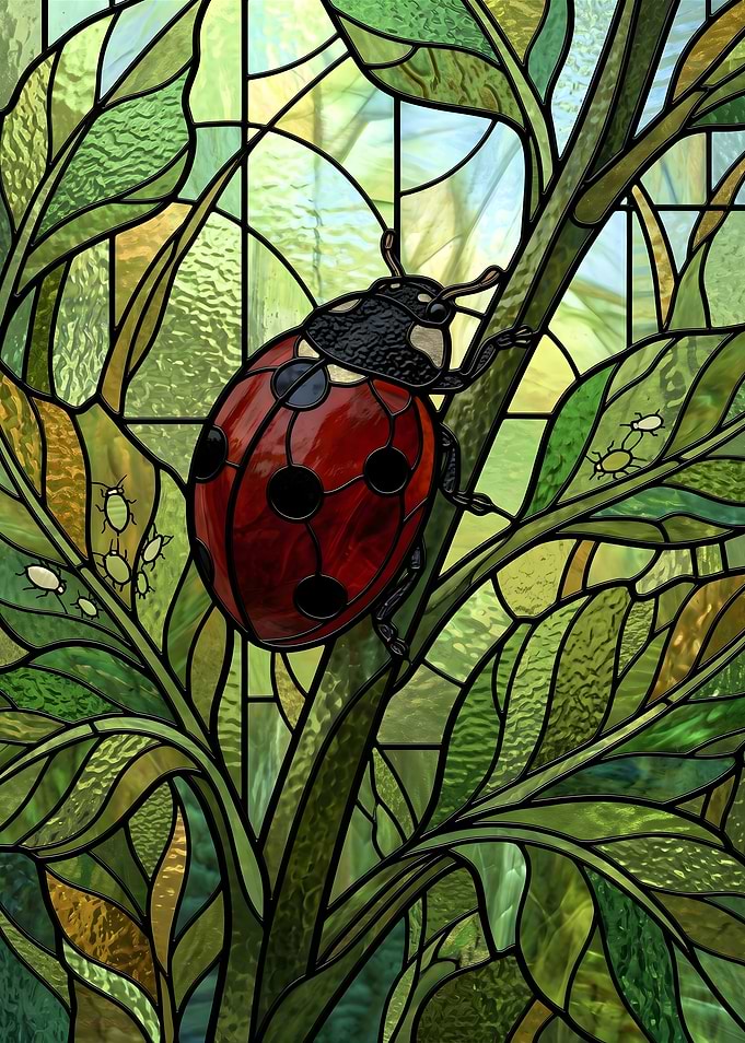Stained Glass Ladybug on Green Leaves