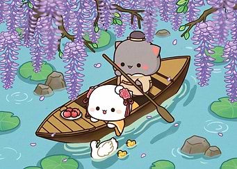 Peach and Goma Boating Under Wisteria