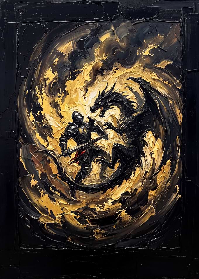 Knight Fighting Dragon Oil Painting