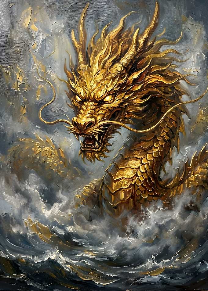 Golden Dragon Rising from Stormy Seas