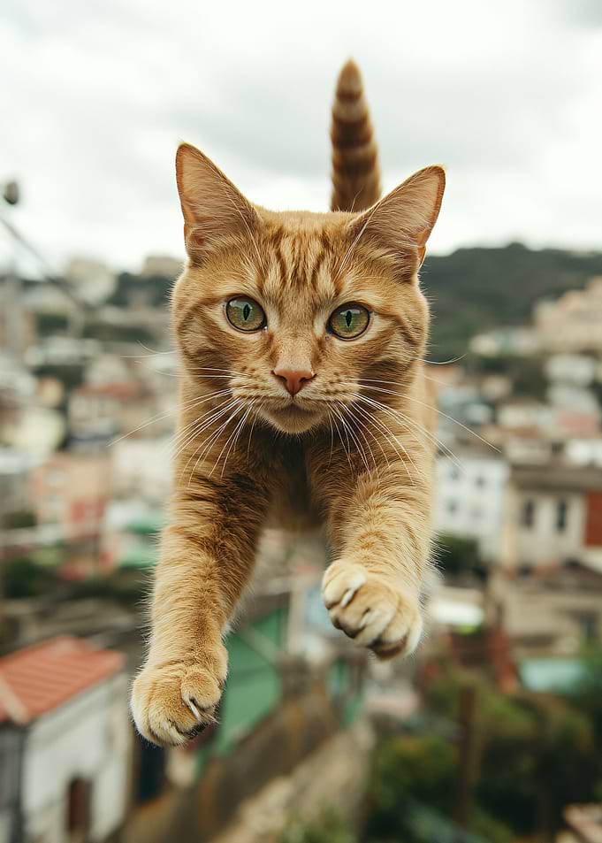 Ginger Cat Leaping Over Cityscape