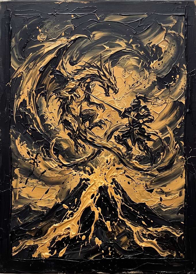 Knight Fighting Dragon Above Volcano