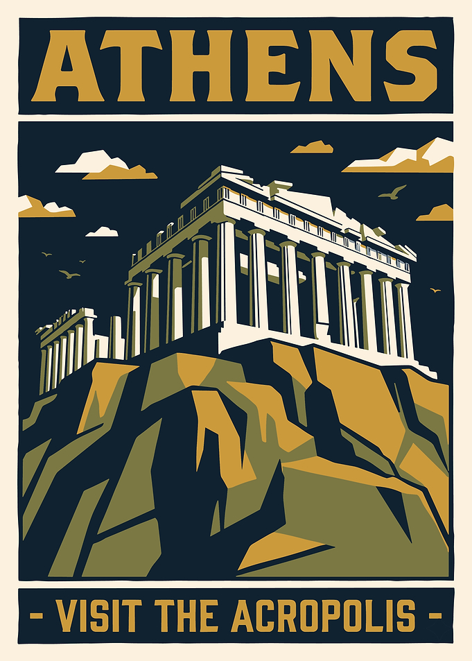 Athens Acropolis Travel Poster Vintage Greek Architecture Wall Art