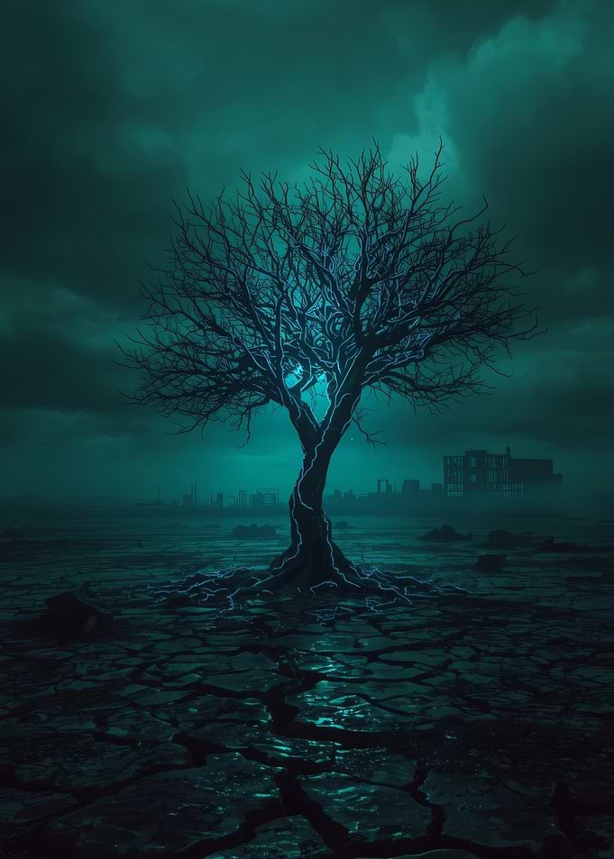 Luminous Lone Tree — Teal Dystopian Landscape