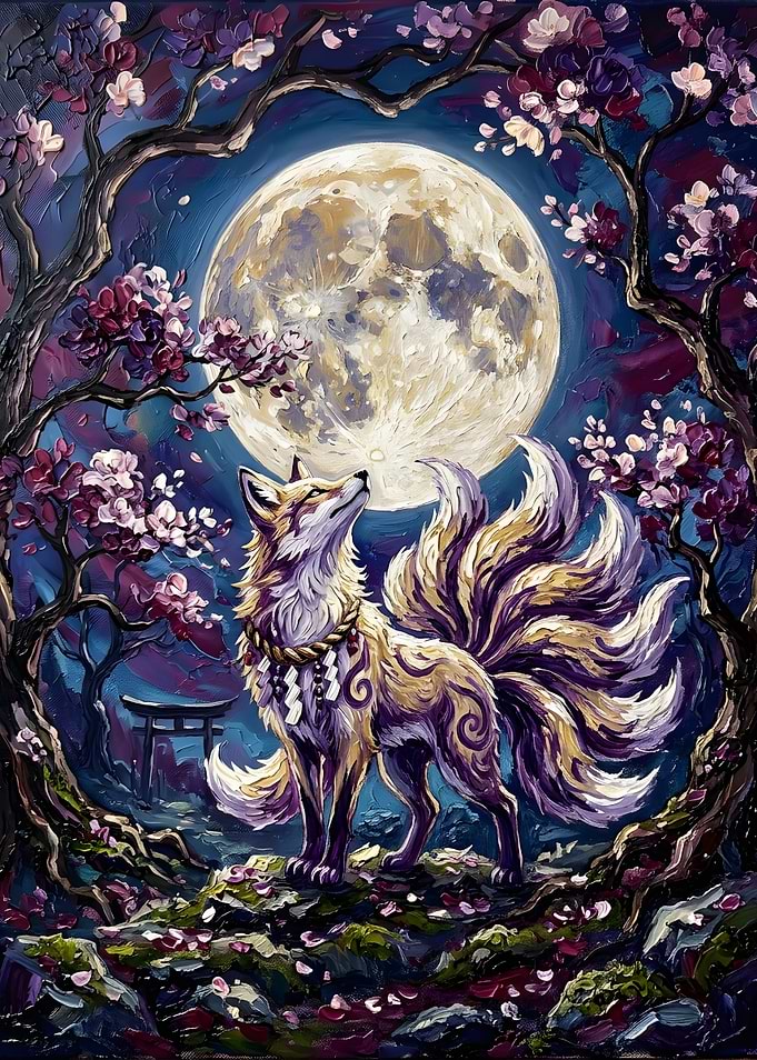 Nine-Tailed Kitsune Under Full Moon