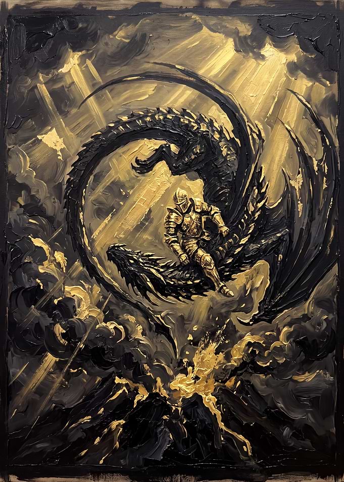 Knight Riding Dragon Over Volcano