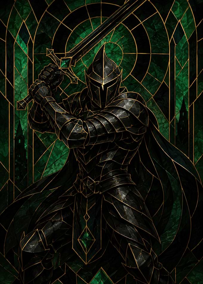 Stained Glass Black Knight Warrior