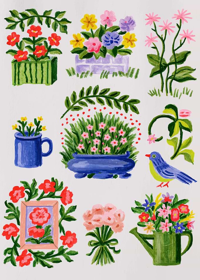 Whimsical Hand-Painted Floral Garden Elements