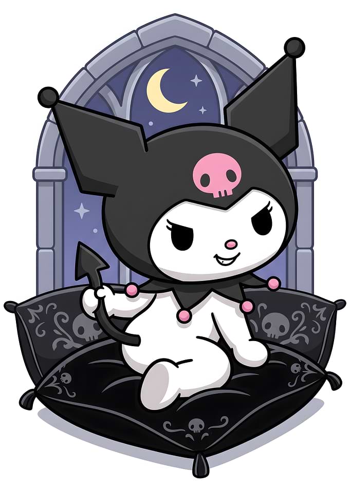 Kuromi Sitting on a Skull Pillow