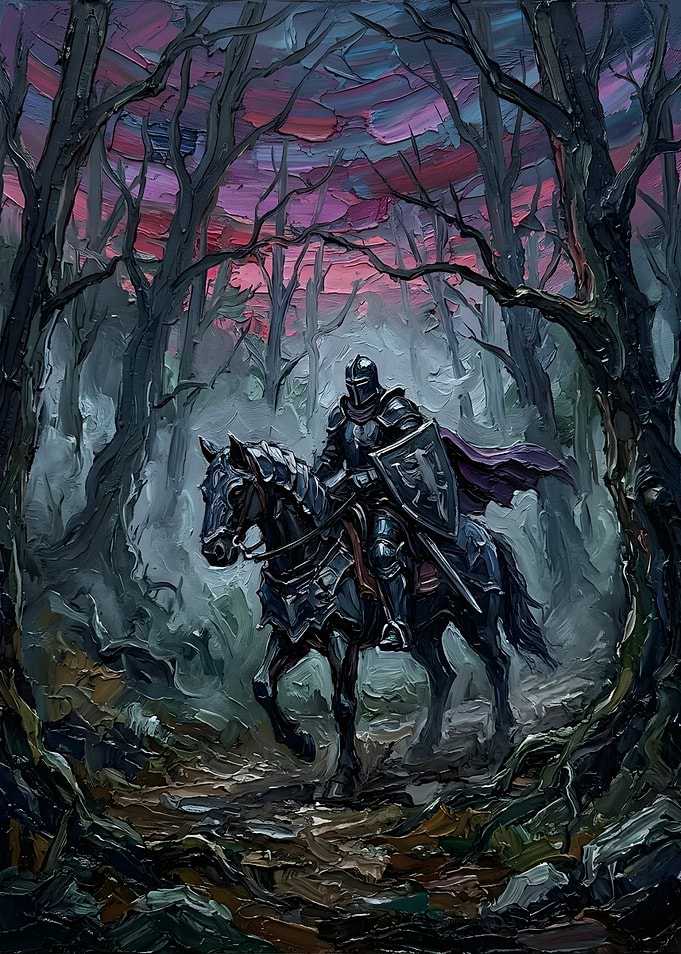 Knight Riding Through Dark Forest