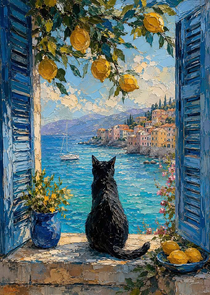 Black Cat Looking at Mediterranean Coast