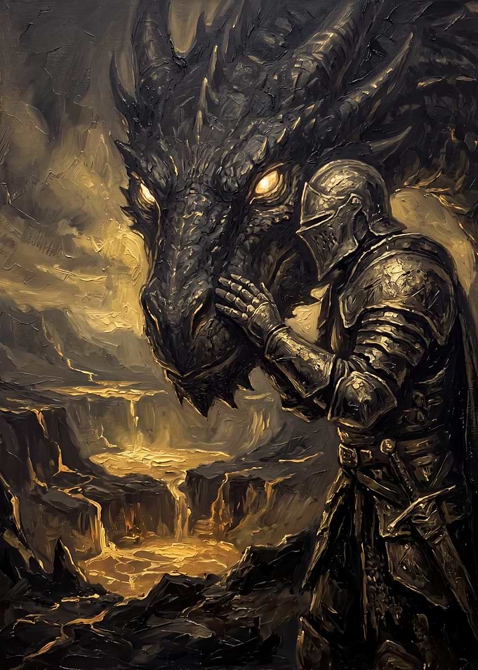 Knight and Dragon in Volcanic Landscape