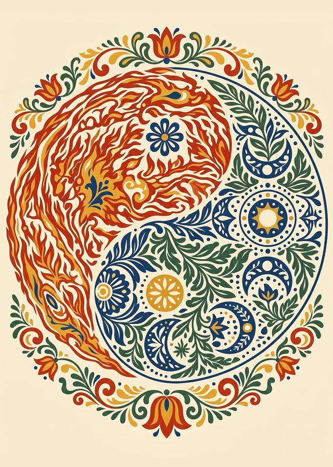 Traditional Scandinavian Kurbits art yin yang mandala