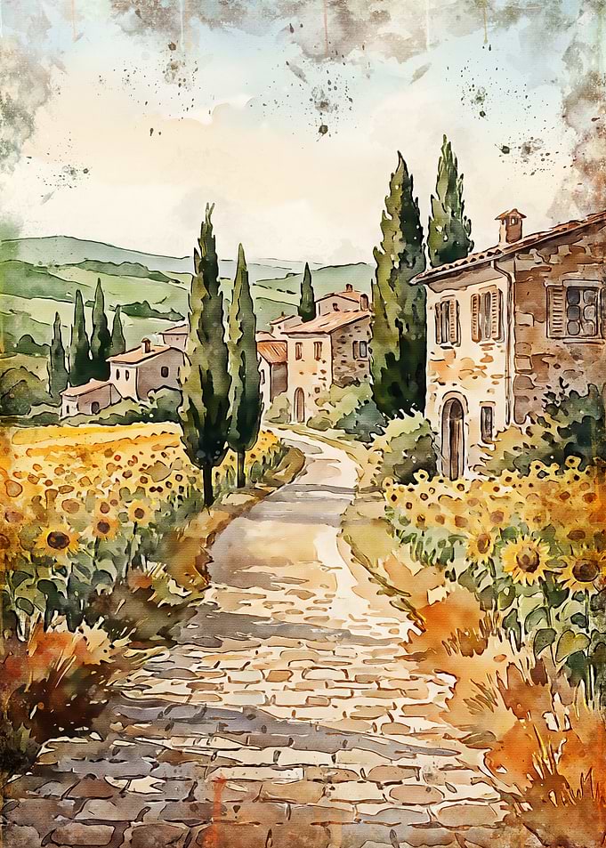 Tuscan Countryside Sunflower Path Painting