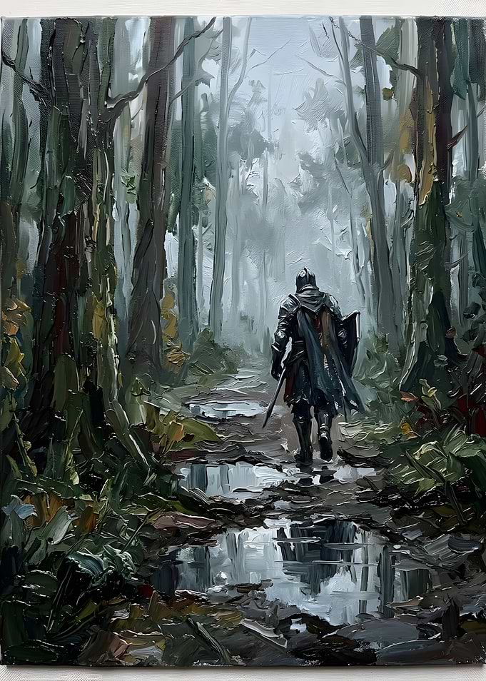 Knight Walking Through Misty Forest