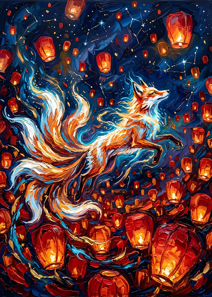 Nine-Tailed Fox Amidst Floating Lanterns