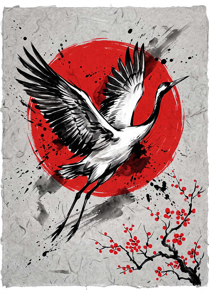 Japanese Crane and Red Sun Art