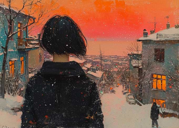 Woman Watching Snowy Sunset Cityscape