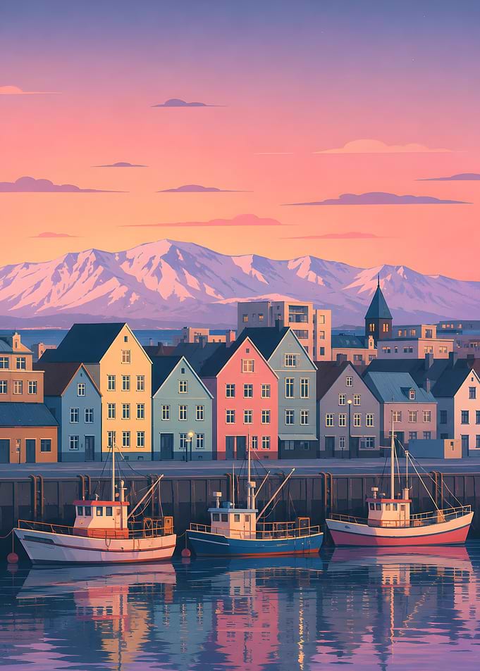 Colorful Harbor Town at Sunset