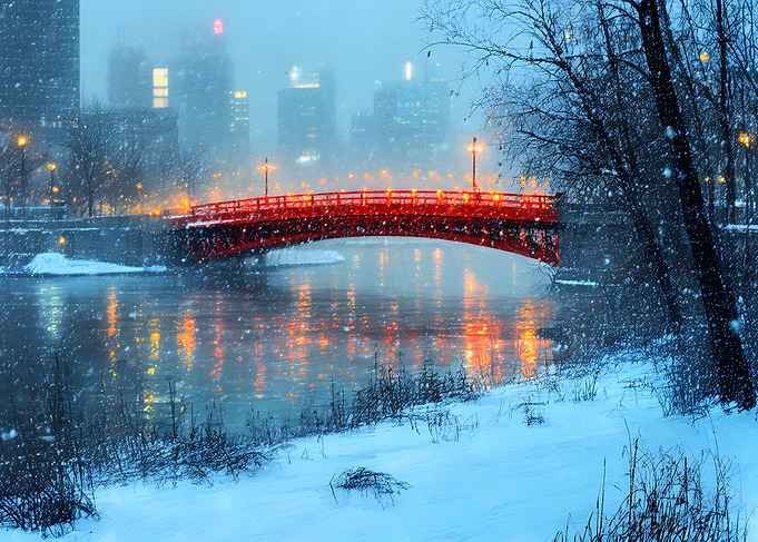 Red Bridge in Snowy Cityscape